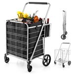 COSTWAY 126L/150kg Folding Shopping Trolley on Wheels, Metal Utility Push/Pull Cart with Removable Waterproof Liner, Back Basket & Foam Covered Handle, Rolling Grocery Trolley (Black+Silver)