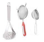 Wofier Stainless Steel Kitchen Combo Set of Potato Vegetables Pav Bhaji Masher, Soup Strainer (16 CM) & Double Mesh Tea Strainer