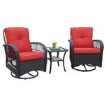 Skypatio 3 Piece Patio Furniture Bistro Set with 2 Rattan 360° Swivel Rocking Chairs with Cushions and Tempered Glass Coffee Table for Porch, Backyard, Garden, Balcony or Indoor(Red)