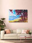 999STORE FLP24360221 Wooden Stretched Framed Modern Stylish Ocean Beach and Pink Flowers Tree Hanging Canvas Painting (Multicolor, 24X36 Inches)