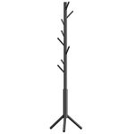 YMYNY Coat Rack Freestanding, Wooden Coat Racks with 8 Hooks, Adjustable Hall Tree for Entryway, Living Room, Hallway, Bedroom, Coat Hanger for Hats, Handbags, Clothes, Purse, Umbrella, Black, HCR001B