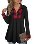 Timeson Women's Long Sleeve Quarter-Zip Lapel Tunic Top Plaid Pullover Sweatshirt, Black Red, XX-Large