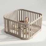 Venture All Stars Baby Playpen - Large Plastic Playpen for Baby and Toddlers with Free Mat, Sturdy Lockable Door, Push-Fit Assembly, Rounded Edges, Indoor & Outdoor Play Pen - Beige