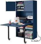 DWVO Sewing Craft Table with Storage, Craft Armoire with Fold-Out Table and USB Power Outlets, Large Capacity Sewing Cabinet with Adjustable Shelves for Home or Studio
