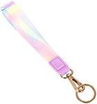 Cute Wrist Lanyard for Keys / Women’s Wristlet Strap for USB, Small Wallet & Phone / Aesthetic Short Mini Key Chain Holder with Clasp / Girls Holographic Sparkly Glittery Keychain Accessories (Lilac)