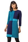 Roman Originals Knitted Jumper Dress for Women UK - Ladies Colour Block Winter Autumn Smart Casual Office Bodycon Workwear Everyday Long Sleeve Knee Length Knit Pocket - Blue - Size 12