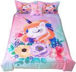 ADASMILE A & S Girls Unicorn Comforter Twin Set for Kids 6 Pieces Pink Floral Unicorn Bedding Twin for Girls Flowers Unicorn Comforter with Twin Bed Sheets Set Cartoon Unicorn Bed in A Bag Comforter