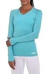 TCA Women’s Elle Long Sleeve V-Neck Running Training Workout Top with Thumbholes - Ceramic (Cyan), XS