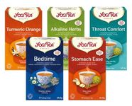 Yogi Teas 5 x 17 Bags Mixed Case Selection,Alkaline Herbs,Turmeric Orange,Throat Comfort,Bedtime,Stomach Ease Herbal Tea, Naturally Caffeine Free Tea