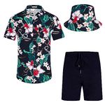 EISHOPEER Men's Hawaiian Sets Casual Button Down Beach Tropical Floral Shirt and Swimming Trunks Navy & White Flower with Hat XXX-Large