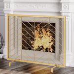 IRONMAX Fireplace Screen, 39 x 31 Inch Single Panel Heavy Duty Fireplace Screens for Wood Burning Fireplace, Modern Decorative Metal Mesh Fire Spark Guard for Indoor & Outdoor (Gold)