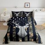 American Flag Boys Bedding Set Queen Size,Deer Antlers Animal Hunting Camo Comforter Set Decor,Army Green Camouflage Camping Comforter Stars Stripes USA Flag Quilt, Rustic Farmhouse