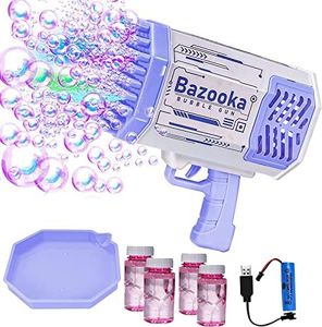 Pistolet à bulles Bazooka Bubble Gun, pistolet à bulles à 69 trous, lumières colorées, équipé de 4 bouteilles de liquide à bulles, cadeau, fête, jeu, pour adultes et enfants, violet