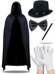 Bella Dox Unisex Adults Magician 5 Piece Fancy Dress Set Black Hooded Cape, Top Hat, Magic Wand, Bow Tie, White Gloves Wizard Book Week School Play Costume