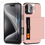 Coolden for iPhone 16 Pro Case with Card Holder & 2 Screen Protector + 1 Camera Lens Protector Full Body Heavy Duty Protective Case Shockproof Wallet Case for iPhone 16 Pro Phone Case-Rose Gold