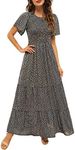 Kranda Women's Round Neck Flutter Sleeve Smocked Floral Pleated Maxi Long Dress Navy L