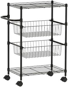 4 Tier Rolling Carts, Metal Wire Utility Cart with Wheels & Handle Bar, 110 Lbs Heavy Duty Kitchen Serving Trolley Food Storage Cart for Restaurant, Kitchen Mobile Shelf Organizer, Black