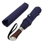 Balios (Designed in UK) Travel Folding Umbrella Lux Hardwood Handle Auto Open & Close Windproof Single Canopy (Dark Navy)