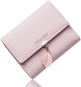 Roulens Portafoglio in pelle PU borsa con RFID corto da donna con ciondolo foglia con cerniera