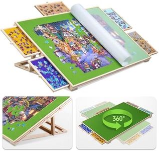 Tektalk 2-in-1 Tilting & Rotating Puzzle Board with 5 Colored Drawers, Portable Jigsaw Puzzle Table for Adults, Wooden Swivel Puzzle Plateau with Lazy Susan and Cover, for Up to 1500 Pieces