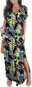 GRECERELLE Womens Casual Maxi Dress Loose Short Sleeve Split Long Dress with Pockets FP-Yellow Leaf-Navy, X-Small