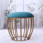 Greetwood Classic Metal Stool for Living Room | Cage-Style Seating Stool for Bedroom | Metallic Ottoman for Library and Vanity (16-inch Cage-Style Golden Stool with Teal Blue Cushion) (Set Of-01)