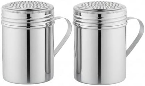 Notana Stainless Steel Dredge Shaker Set with Handle - 10 oz Seasoning and Spice Dispenser and Secure Screw-On Lid for Salt, Pepper, Flour, Sugar, Baking and Cooking Use (2 Pack)