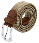 maikun Braided Elastic Stretch Woven Belt with Leather Tip Nickle Pin Buckle Khaki