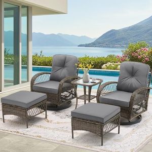 EROMMY 5 Pieces Outdoor Swivel Rocker Patio Chairs, 360 Degree Rocking Patio Conversation Set with Thickened Cushions, Glass Coffee Table and Ottomans for Backyard, Gray