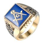 ANIEJUFI Men's Stainless Steel Gold Plated Freemason Masonic Rings Blue Master Mason Signet Biker Band, Metal, No Gemstone