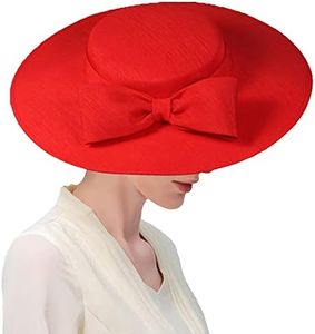 Red Wide Brim Hats for Women Big Bowknot Formal Church Occasion Kentucky Cap Lady Wedding Cocktail Tea Party Dress Flat Top Fascinators Hat