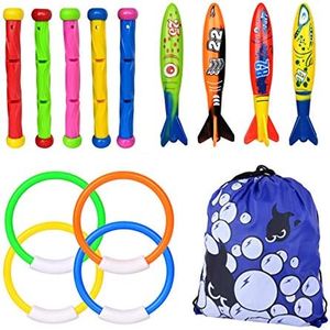 Diving Pool Toys, Underwater Diving Toys Set Includes 5 Pcs Dive Sticks for Kids, 4 Pcs Toypedo Bandits, 4 Pcs Diving Rings, Fun Swimming Toys for Pool