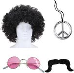 4Pcs Hippie Costume Men Accessories Peace Medallion Fancy Dress Funky Afro Fancy Dress Wig Peace Sunglasses Moustache Peace Sign Necklace 70S Fancy Dress Accessories for Men Boys 50/60/70S Theme Party
