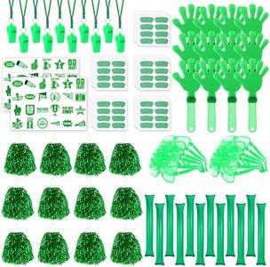MicMingle 208 Pcs Green Team Spirit Accessories Kit - Spirit Day Accessories Items Bulk Pom Poms Cheerleading Whistle Thunder Sticks Hand Clappers Shutter Glass Sticker for Game Day Camp Sports Event