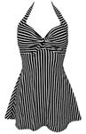 COCOSHIP Black & White Stripe Striae Retro Sailor Pin Up Swimsuit One Piece Skirtini Cover Up Cruise Swimdress Swimwear XXXXL(US18)