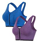 Hiking Gril Women's Zip Front Sports Bra Wireless Post-Surgery Yoga Bras, 2 Pack: Blue Purple, 3X-Large