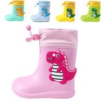 DRECAGE Dinosaur Rain Boots with Pull On Drawstring Closure for Kids Boy and Girl, Waterproof Non-Slip Unisex Children Wellies Wellington Rubber Rain Shoes Outdoors Pink 6 UK Child