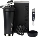 SIPLUSH Paradise Shaker Bottle, 24 oz Insulated Stainless Steel Protein Shaker with Lid Brush & Protective Boot, Leakproof Twist-Off Cap, Onyx Silver with Mirror-Finish Bottom, Hollywood Noir