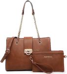 Dasein Women Fashion Tote Bags Handbag Purse Chain Shoulder Bag Top Handle Bag Hobo With Matching Clutch (Brown)