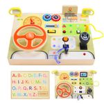 Baeroly Montessori Sensory Toy with Simulated Steering Wheel and LED Light Switches - Wooden Circuit Busy Board for Toddlers - Perfect Travel Toy and Gift for Boys and Girls 1,2,3+year old