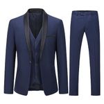 YOUTHUP Mens Suits Slim Fit 3 Piece Suit Shawl Lapel Wedding Dinner Tuxedo 1 Button Blazer Pants Vest, Dark Blue, S