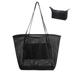 flintronic Mesh Beach Bag, Summer Beach Bag Oversized Ladies Tote Bag Shoulder Bag with Zipper Pockets Mesh Nylon Bag, Perfect for Beach Party Travel Picnic Vacation Shopping - Black