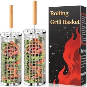 Rolling Grill Basket, Grill Gift for Men, Removable Wooden Handle, 304 Stainless Steel, Nesting BBQ Tools for Vegetable, Outdoor Smoker Camping Accessories, Ideal Gifts for Men Dad Husband Birthday
