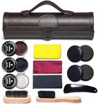 YUET Shoe Polish Kit Cleaning Shine Care Barrel Set For Brown Black Leather With Brush Travel Case Luxury Premium Soft Horsehair Bristle Dauber, Wooden Applicator, Shoehorn, Cloth 12 Piece Brown Pouch