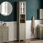 Bath Vida Priano Tall Mirrored Bathroom Cabinet Storage Cupboard Floor Standing Tallboy Unit, Grey & Oak