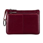 Wine Red Genuine Leather Wallet,Mini Zip Change Purse Women,Key Wallet,Coin Purse Lady,Small Wallet Coin Pouch for Studen,Leather Coin Pouch with Keychain 3 Zippers.