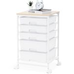 SYKIARIOL Utility Cart with 5 Drawer,Storage Drawer Cart with Wooden Tabletop and Lockable Wheels, 5 Drawer Rolling Cart with Large Capacity,White