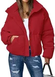 MEROKEETY Women's Winter Long Sleeve Zip Puffer Jacket Stand Collar Baggy Short Coats with Pockets, Red, M