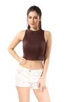 TRASA Womens Sleeveless Rib Knitted 100 Percent Cotton Racer Back Tank Tops Halter Neck Crop Tops - Brown - L - Slim Fit