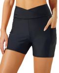 Aqua Eve Women Swim Shorts High Waisted Swimsuit Bottoms 4" Cross Waist Boy Shorts with Pocket Biker Shorts, Black, Medium